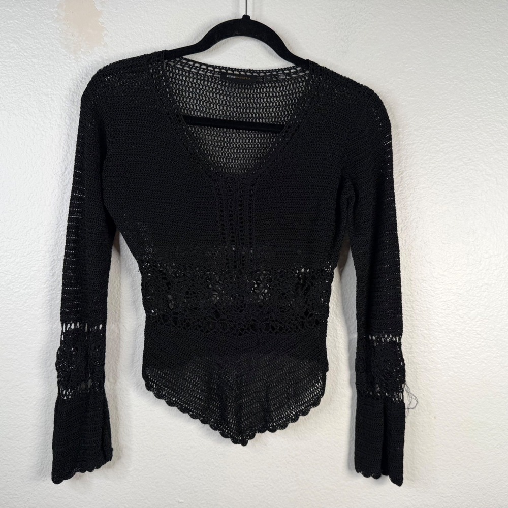 BCBG Max Azria Women's Open Knit Crochet Sweater Black Sz S Boho Festival Grunge